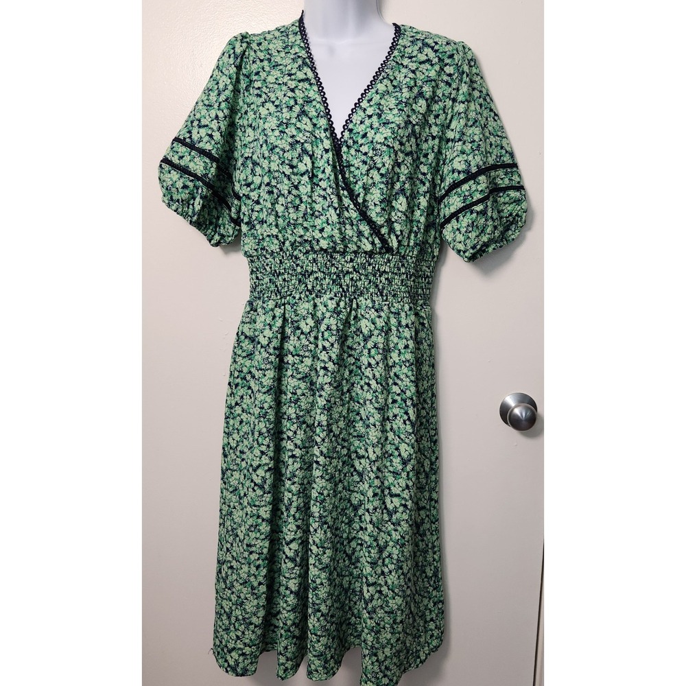 Draper James Medium Smocked Waist Blouson Short Sleeve Midi Dress Green‎ Eyelet